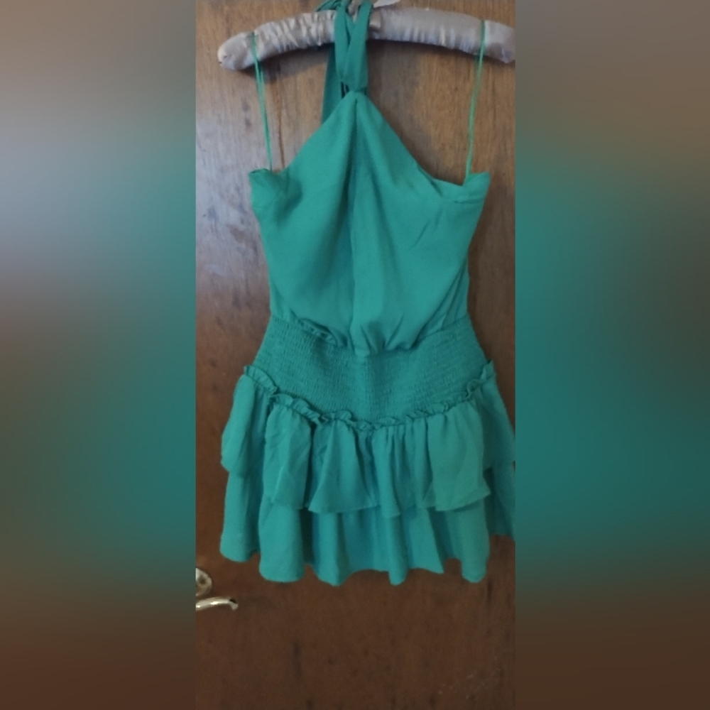 Green Halter Ruffle Mini Dress | Women’s Large | Tie-Back Halter | NWT